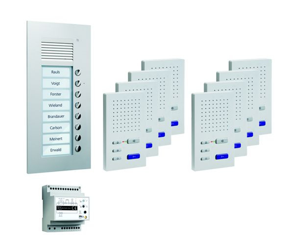 TCS sistema di controllo porta audio: pack UP per 8 unità abitative, con posto esterno PUK 8 pulsanti campanello, 8x vivavoce ISW3030, unità di controllo BVS20, PPUF08-EN / 02