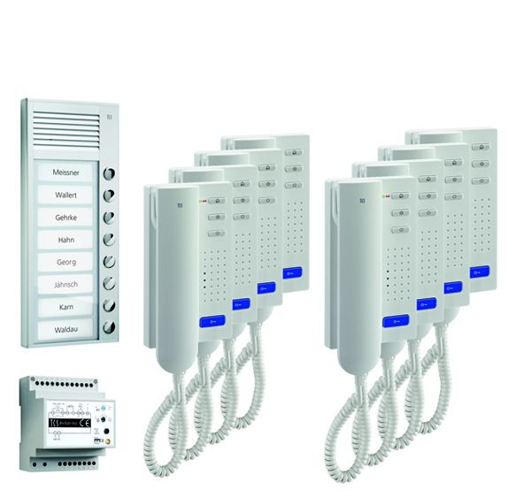 Sistema di controllo porte TCS audio: pack AP per 8 unità abitative, con posto esterno PAK 8 pulsanti campanello, 8x citofono ISH3030, centrale BVS20, PPA08-EN/02