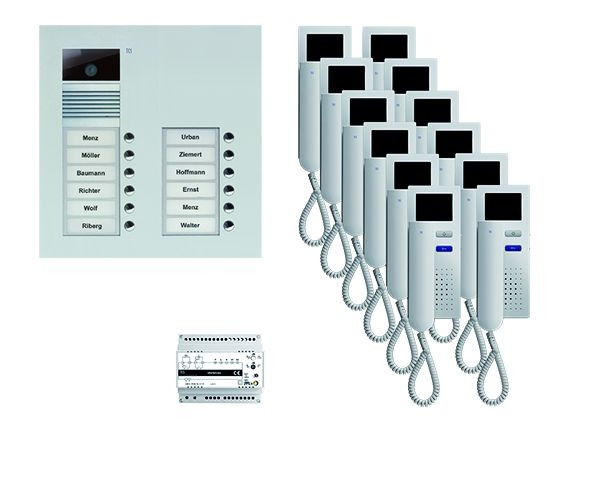 Videocitofono TCS: pack UP per 12 unità abitative, con posto esterno AVU 12 pulsanti campanello, 12x videocitofono IVH3222, comando, PVU16120-0010