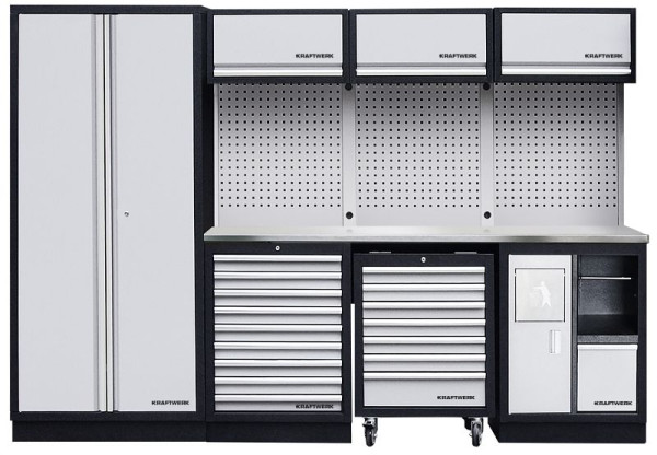 Kraftwerk MOBILIO Sistema di armadi per officina a 4 elementi con armadio a rulli e piano di lavoro in acciaio inossidabile inossidabile, con parete perforata quadrata, 3964DIX