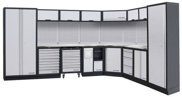 Kraftwerk MOBILIO Sistema di armadi per officina a 8 elementi - soluzione angolare, con parete forata quadrata, 3964EIX