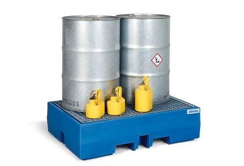 Vassoio di raccolta DENIOS PolySafe ECO in polietilene (PE), con griglia zincata, per 2 fusti da 200 litri, 162-287