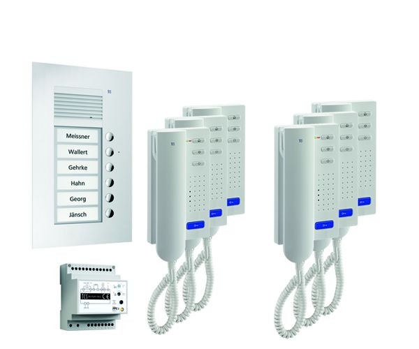 Sistema di controllo porte TCS audio: pack UP per 6 unità abitative, con posto esterno PUK 6 pulsanti campanello, 6x citofono ISH3030, centrale BVS20, PPU06-EN / 02