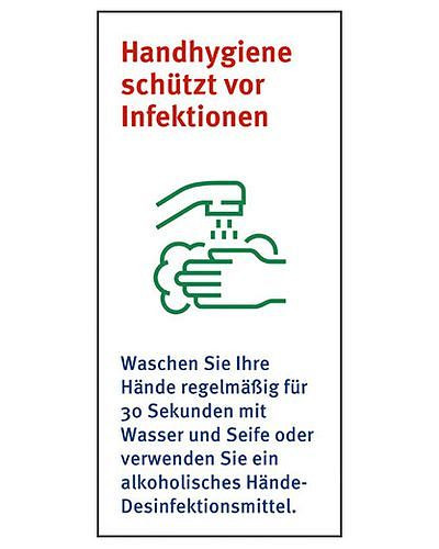 Cartello DENIOS "L'igiene delle mani protegge dalle infezioni", pellicola 70 x 150 mm, 273-309