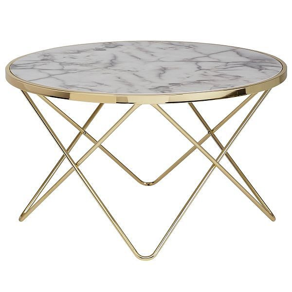 Wohnling Design Tavolino da Salotto Effetto Marmo Bianco Rotondo Diametro 85 cm Struttura in Metallo Dorato WL5.998