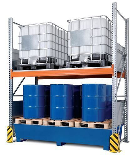 DENIOS Combi-Shelf 3 K4-I.13 con vassoio di raccolta laccato, per 4 IBC da 1000 litri ciascuno, campo base, 209-419