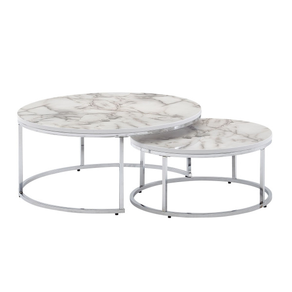 Wohnling Tavolino Set di 2 Tavolini da Divano Effetto Marmo Bianco Argento Tavolino Rotondo Moderno Tavolini da Salotto Rotondi in Metallo da 2 Pezzi WL6.509