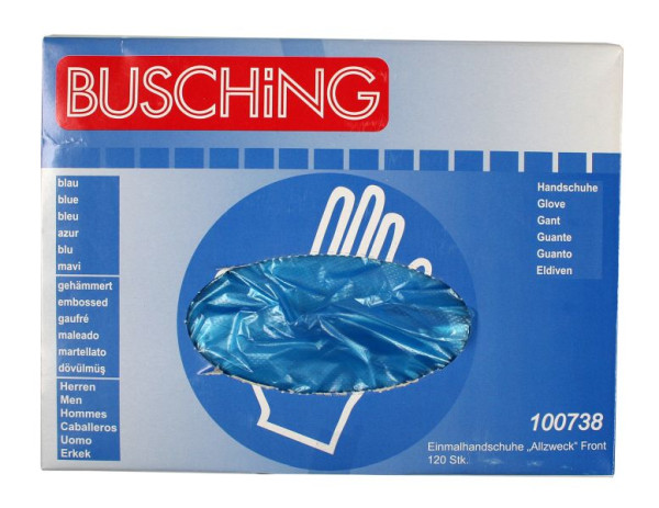 Guanti monouso Busching "multiuso" blu, rimozione frontale, 1 scatola dispenser (120 ciascuno), confezione da 10, 100738