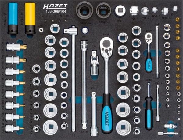 Set chiavi a bussola HAZET, quadro cavo 6,3 mm (1/4 pollice), quadro cavo 12,5 mm (1/2 pollice), numero di utensili: 104, 163-369/104