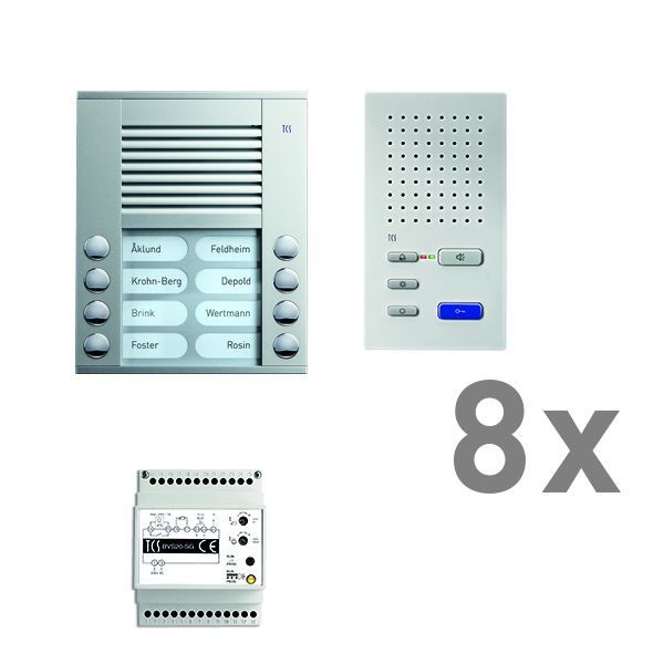 Sistema di controllo porte TCS audio: pack AP per 8 unità abitative, con posto esterno PES 8 pulsanti suoneria, 8x vivavoce ISW3030, centrale BVS20, PAAF082 / 002