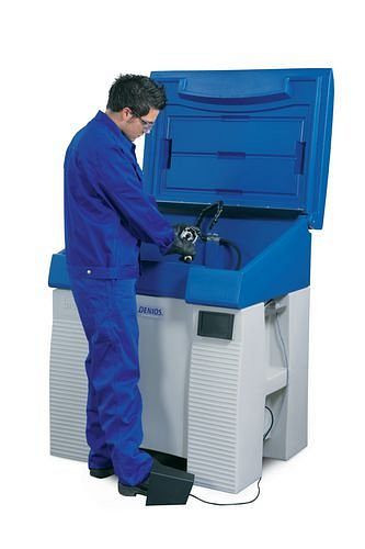 DENIOS Safety Cleaner L 500, dispositivo di pulizia delle parti in PE per solventi, con coperchio protettivo, 178-520