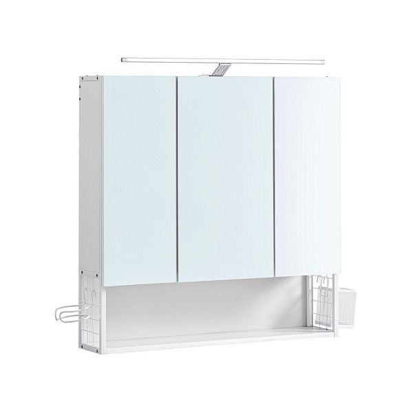 VASAGLE Mobile a specchio da bagno a 3 ante con illuminazione e ripiano regolabile in altezza, bianco, BBK124W14