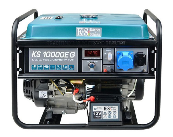 Könner & Söhnen 8000W, DUAL FUEL benzina/GPL, avviamento elettrico, generatore di corrente IBRIDO, 1x16A(230V)/1x32A(230V), 12V, regolatore volt, display, KS 10000E G
