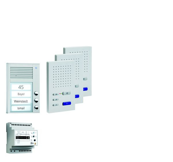 Sistema di controllo porta TCS audio: pack AP per 3 unità abitative, con posto esterno PAK 3 pulsanti campanello, 3x vivavoce ISW3030, centrale BVS20, PPAF03-EN/02