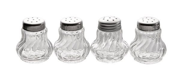 Mini shaker APS, ciascuno Ø 3,5 cm, altezza: 4 cm, contenitore in vetro, coperchio in acciaio inox, conf. da 4, 40503