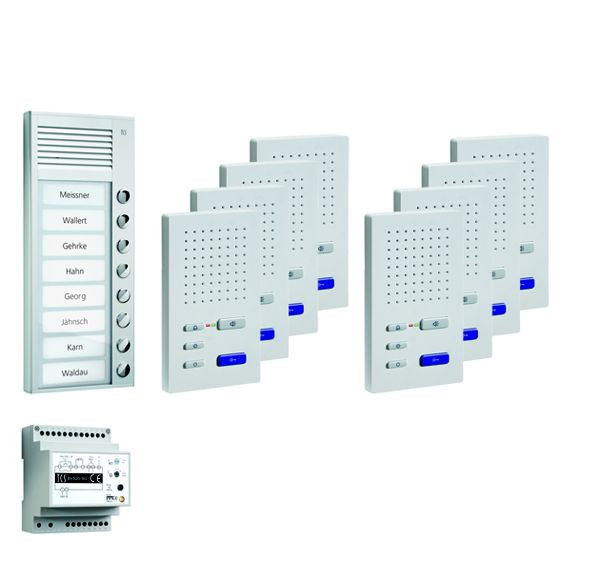 Sistema di controllo porte TCS audio: pack AP per 8 unità abitative, con posto esterno PAK 8 pulsanti campanello, 8x vivavoce ISW3030, centrale BVS20, PPAF08-EN/02