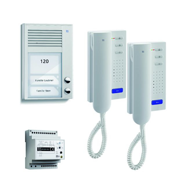 Sistema di controllo porte TCS audio: pack AP per 2 unità abitative, con posto esterno PAK, 2 pulsanti campanello AP, 2x citofono ISH3130, centrale BVS20, PSC2120-0000
