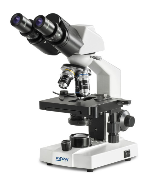 KERN Optics microscopio a luce trasmessa (scuola) binoculare acromatico 4/10/40; WF10x18; LED 0,5W, ricarica, tavolino meccanico, OBS 106