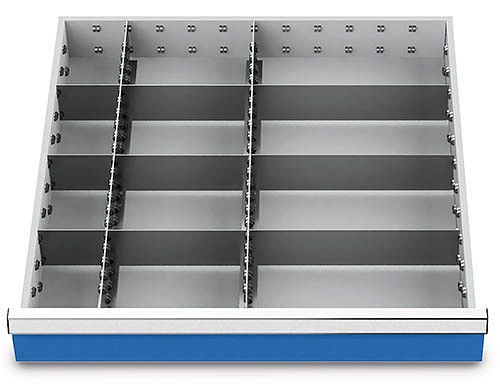 Inserti per cassetti Bedrunka+Hirth T736 R 24-24, per altezza pannello 100/125 mm, 2 x MF 600 mm, 3 x TW 100 mm, 3 x TW 200 mm, 3 x TW 300 mm, 147BLH100