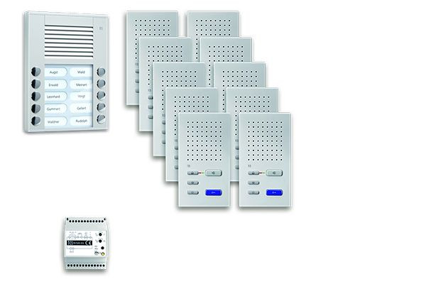 Sistema di controllo porta TCS audio: pack AP per 10 unità abitative, con posto esterno PES 10 pulsanti suoneria, 10x vivavoce ISW3030, centrale di comando, PPAF10-EN/02