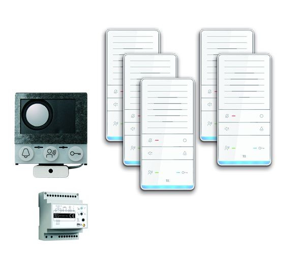 TCS comando porta audio: pack installazione per 5 unità abitative, con altoparlante incorporato ASI12000, 5x vivavoce ISW5031, centrale BVS20, PAIF050 / 002