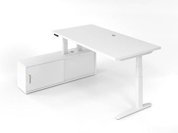 Tavolo sit-stand Hammerbacher + credenza bianco/bianco, struttura con piedi a C bianco, guida in alluminio bianco, VXBHM2C/WW/WW