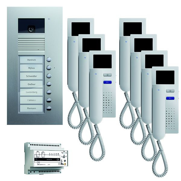 Videocitofono TCS: pack UP per 7 unità abitative, con posto esterno AVU 7 pulsanti campanello, 7x videocitofono IVH3222, comando, PVU1670-0010