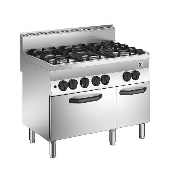 Cucina a gas Gastro-Inox 650 &quot;High Performance&quot; con 6 fuochi e forno a gas, 120 cm, modello da terra, 160.007