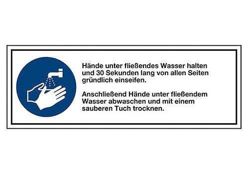 Cartello combinato DENIOS "Lavarsi bene le mani", ISO 7010, pellicola 140 x 50 mm, 273-294