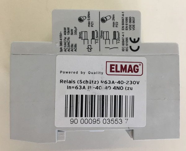 Relè ELMAG (contattore) R40A-40-230V 4P, In=40A IK-40-40 4NO (per monitoraggio ISO), 9503377