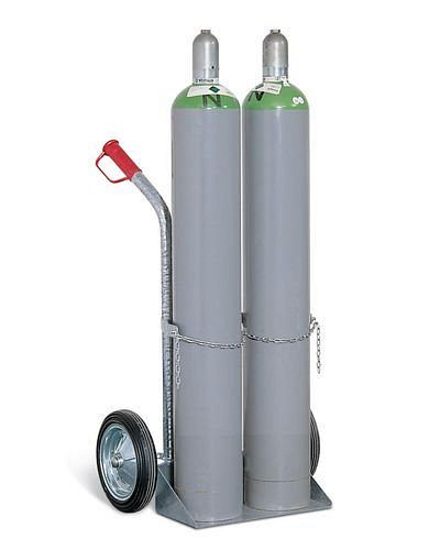Carrello per bombole in acciaio DENIOS GFR-2, per 2 bombole di gas (Ø 250 mm), pneumatici in gomma piena, 115-207