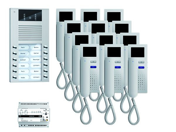 Videocitofono TCS: pack AP per 12 unità abitative, con posto esterno AVE 12 pulsanti campanello, 12x videocitofono IVH3222, comando, PVE15120-0010