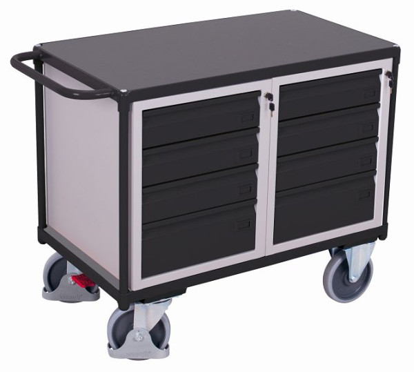 Carrello da officina VARIOfit con 1 superficie di carico, dimensioni esterne: 1.190 x 600 x 930 mm (LxPxA), 2 cassettiere ciascuna con 4 cassetti con rotelle, sw-600.619/AG