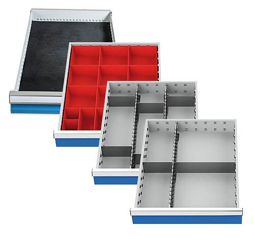 Assortimento di suddivisioni Bedrunka+Hirth (4 articoli) per cassetti R 18-24, 1 scatola per minuteria, 2 x divisori in metallo 450 x 600 mm, 500/584A