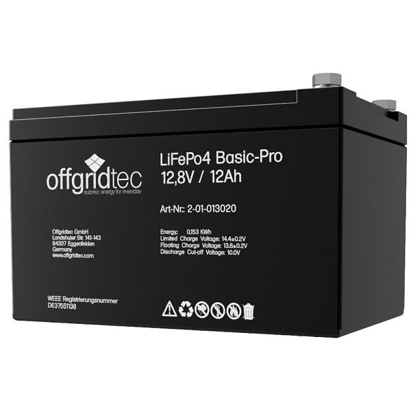 Batteria Offgridtec LiFePo4 Basic-Pro 12/12 Batteria al litio 12Ah 12,8 V 128 Wh, 2-01-013020