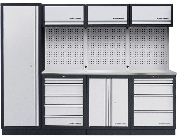 Kraftwerk MOBILIO Sistema di armadietti per officina a 4 elementi con piano di lavoro INOX inossidabile, con parete forata quadrata, 3964BIX