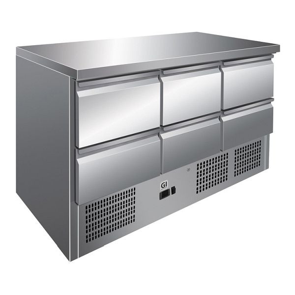 Tavolo frigorifero in acciaio inox Gastro-Inox con 6 cassetti, raffreddamento a convezione, capacità netta 400 litri, 202.018