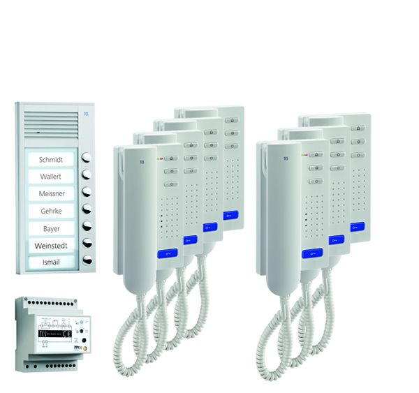 Sistema di controllo porte TCS audio: pack AP per 7 unità abitative, con posto esterno PAK 7 pulsanti campanello, 7x citofono ISH3030, centrale BVS20, PPA07-EN/02