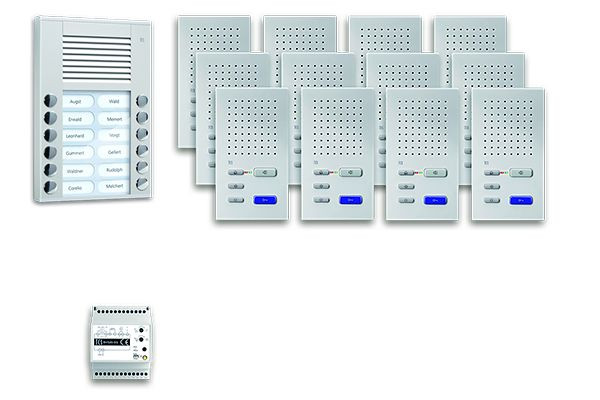 Sistema di controllo porte TCS audio: pack AP per 12 unità abitative, con posto esterno PES 12 pulsanti campanello, 12 vivavoce ISW3030, centrale di comando, PPAF12-EN/02