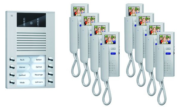 Videocitofono TCS: pack AP per 8 unità abitative, con posto esterno AVE 8 pulsanti suoneria, 8x videocitofono IVH3222, comando, PVE1580-0010