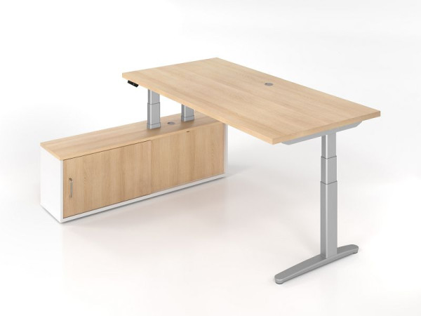 Tavolo sit-stand Hammerbacher + credenza rovere/argento, struttura con piedi a C argento, guida in alluminio argento, VXBHM2C/EW/SS