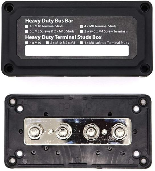 Offgridtec BusBar Box 4 bulloni di collegamento M8 incluso coperchio e viti di fissaggio nero, 8-01-012830