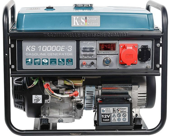 Generatore di corrente E-start a benzina Könner & Söhnen 8000W, 1x16A(230V)/1x16A(400V), 12V, regolatore volt, protezione basso livello olio, protezione da sovratensione, display, KS 10000E-3