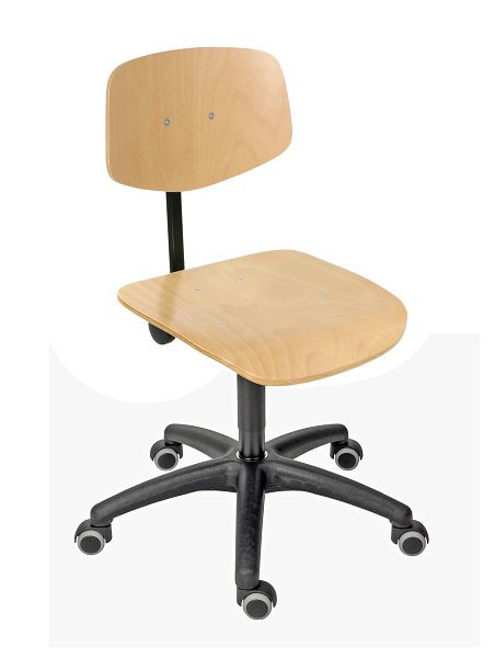 Sedia da lavoro Lotz, sedile/schienale in faggio naturale, laccato, base in plastica nera, ruote doppie, altezza seduta 445-635 mm, 6162.12