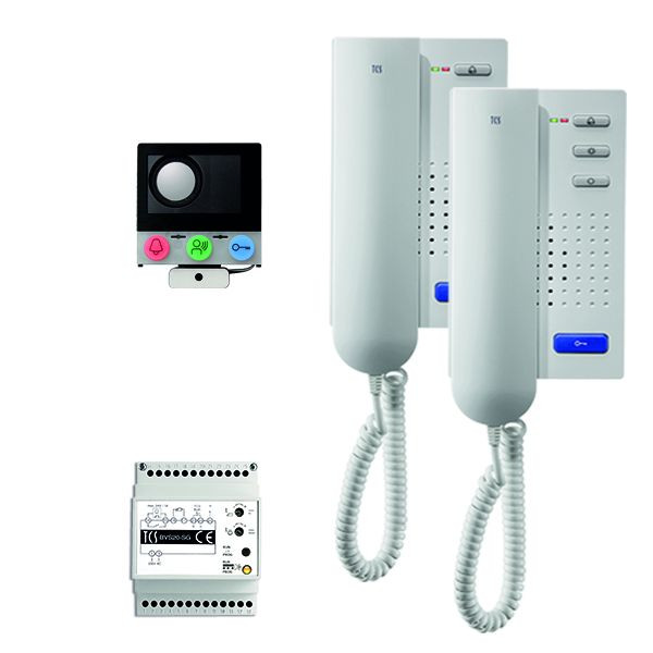 TCS comando porta audio: installazione pack per 2 unità abitative, con altoparlante incorporato ASI12000, 2x citofono ISH3130 e centrale BVS20, PAIH020 / 002