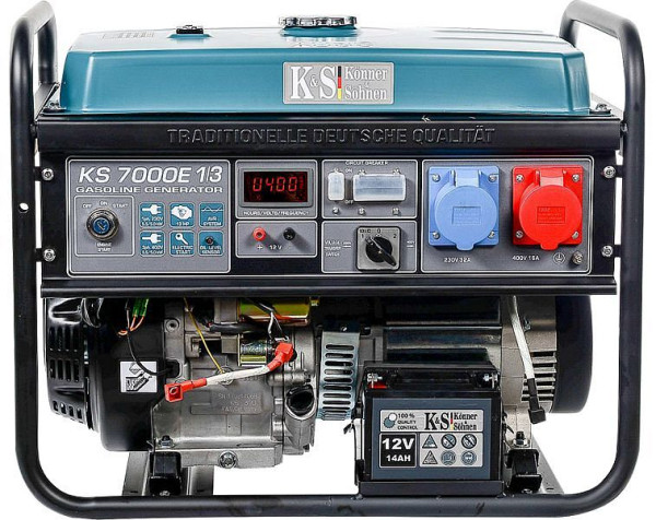 Generatore di corrente E-start a benzina Könner & Söhnen 5500W, 1x32A(230V)/1x16A(400V), 12V, regolatore volt, protezione basso livello olio, protezione da sovratensione, display, KS 7000E-1/3