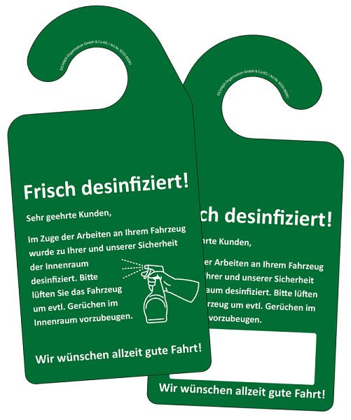 Etichetta per specchietti retrovisori auto Eichner &quot;Freshly disinfettated!&quot;, verde, confezione da 100 pezzi, 9220-00091