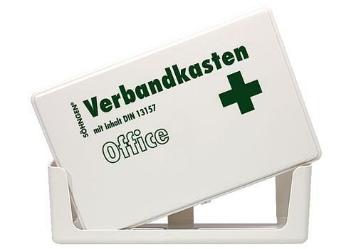 DENIOS kit di pronto soccorso Ufficio con riempimento secondo DIN 13157, con supporto a parete, bianco, 164-914