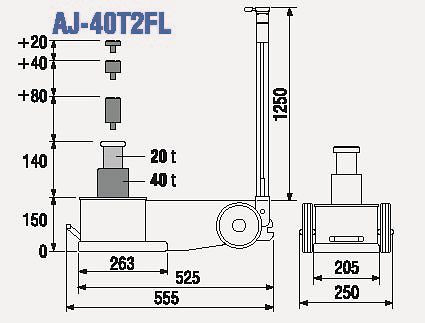 Martinetto idraulico ad aria TDL a 2 stadi, capacità di carico: 40 t, altezza: 15 cm, AJ-40T2FL