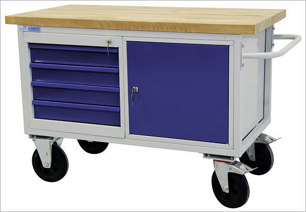Carrello tavolo ADB 4 cassetti + 1 armadio in lamiera d'acciaio, 840x1300x600 mm, colore carrello tavolo: grigio chiaro, colore anta/cassetti: blu genziana, 42742